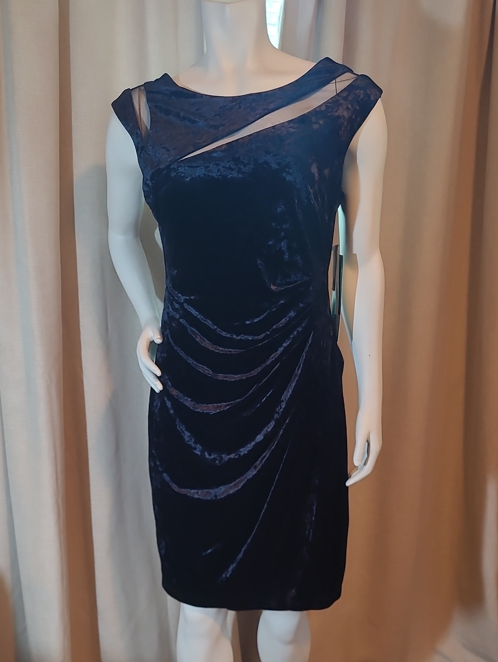 Scarlett Navy Velvet Sheath Dress with Illusion Neckline